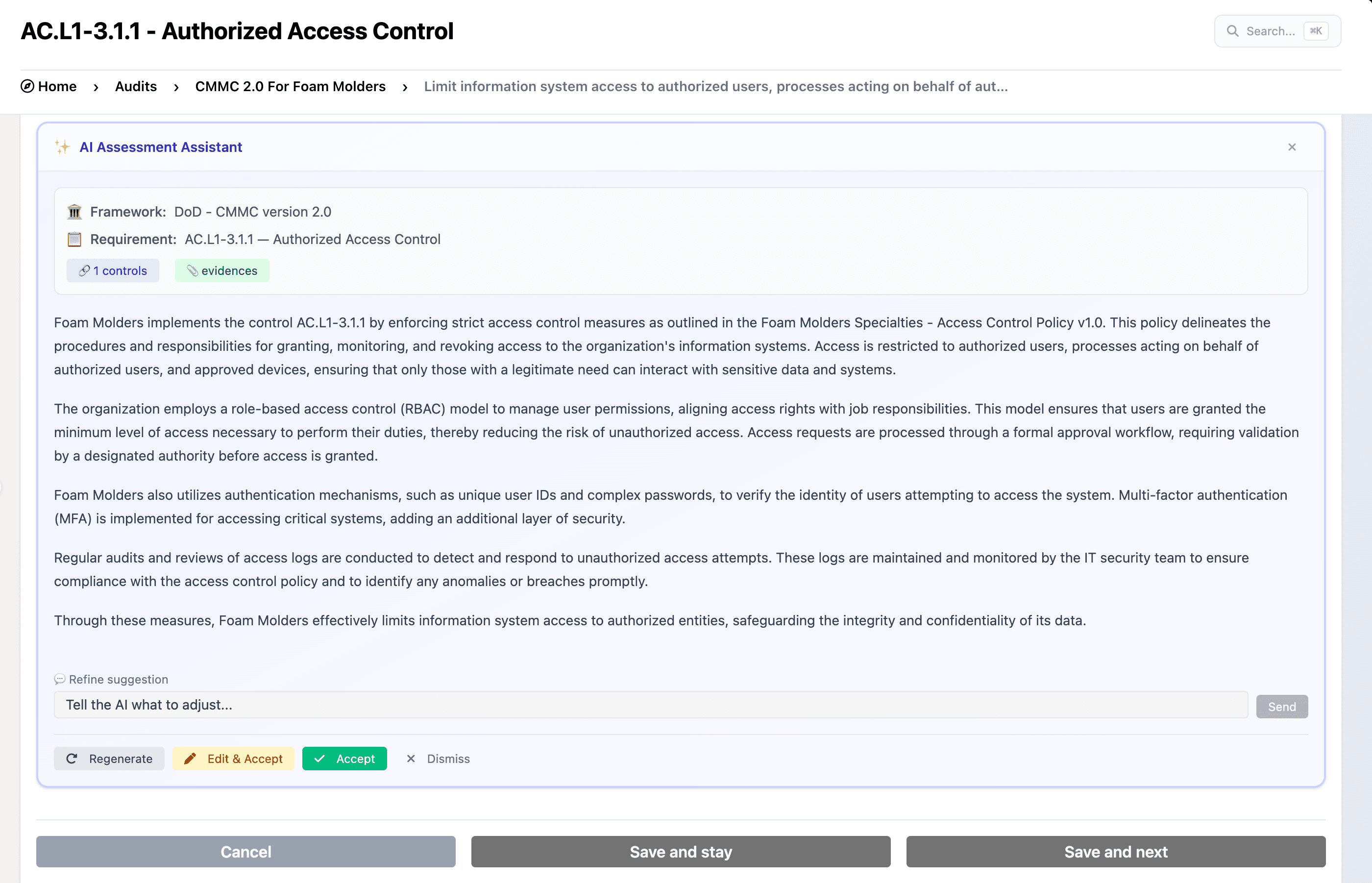 CyberGuard AI Assessment Assistant suggesting compliance results and evidence